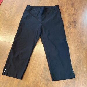 Women's Black Capris Straight-Leg Pants with Rhinestone Button Hem Detail